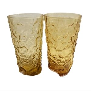Vintage Anchor Hocking Honey Gold Crinkle Drinking Juice Set Of 2 Glass